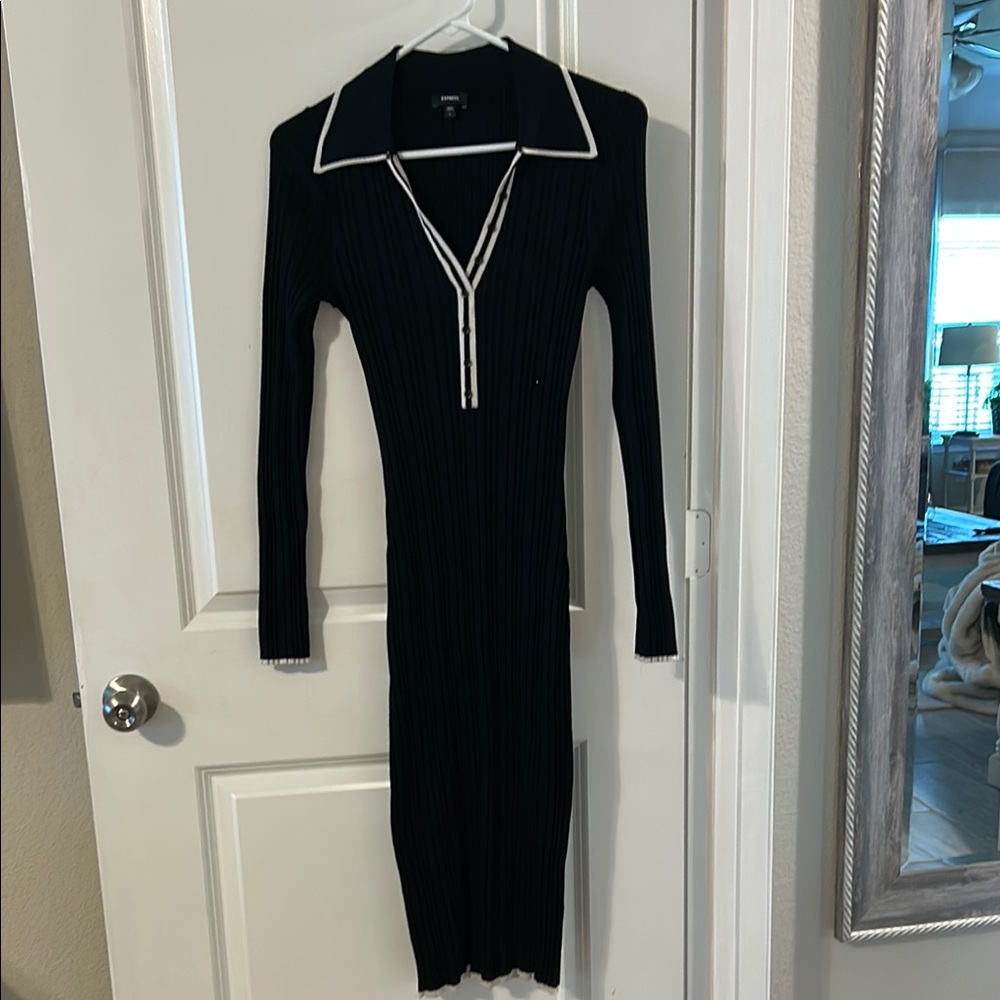 Express Black Long Sleeve Dress with Tan Trim